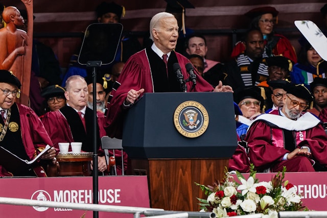 ATLANTA, GEORGIA - MAY 19: U.S. President Joe Biden speaks at the Morehouse College Commencement on May 19, 2024 in Atlanta, Georgia. President Biden is appearing at the school during a time when pro-Palestinian demonstrations are still occurring on campuses across the country to protest Israel's war in Gaza. (Photo by Elijah Nouvelage/Getty Images)