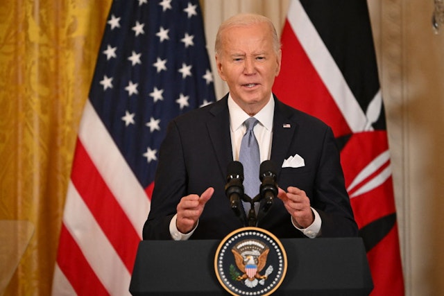 US President Joe Biden speaks during a joint press conference with Kenya's President William Ruto in the East Room of the White House in Washington, DC on May 23, 2024. President Biden announced that he intends to name Kenya as the first major non-NATO US ally in sub-Saharan Africa, as he welcomed Ruto for a landmark state visit. (Photo by ROBERTO SCHMIDT / AFP) (Photo by ROBERTO SCHMIDT/AFP via Getty Images)