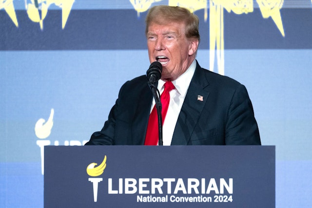 Former US President and Republican presidential candidate Donald Trump addresses the Libertarian National Convention in Washington, DC, May 25, 2024. (Photo by Jim WATSON / AFP) (Photo by JIM WATSON/AFP via Getty Images)