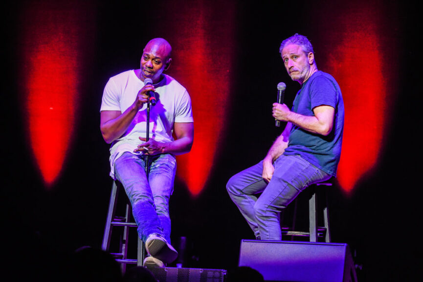 BOSTON, MA - JUNE 13: (EDITORS NOTE: Image has been digitally enhanced) Comedians Dave Chappelle and Jon Stewart kick off a limited three-city run at Wang Theatre at Boch Center on June 13, 2018 in Boston, Massachusetts. (Photo by Kevin Mazur/Getty Images for Pilot Boy)