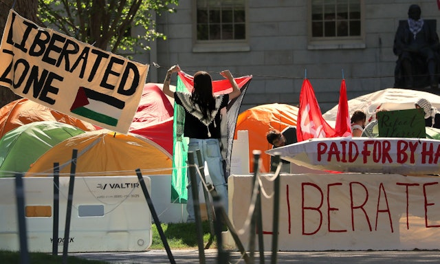 A protester hung a Palestine flag in the pro-Palestinian encampment in Harvard Yard as campus protests continue. (Photo by Lane Turner/The Boston Globe via Getty Images)