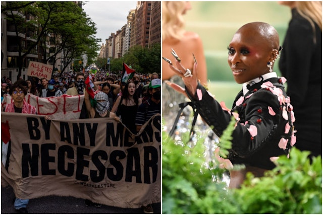 NEW YORK, NEW YORK - MAY 6: Pro-Palestine protestors march on the outskirts of the Met Gala on May 6, 2024 in New York City. A demonstration at Hunter College drew around 200 protesters, who joined other area-college marches to the Met Gala being held this evening at the Metropolitan Museum of Art. (Photo by Alex Kent/Getty Images) NEW YORK, NEW YORK - MAY 06: Cynthia Erivo attends the 2024 Met Gala celebrating "Sleeping Beauties: Reawakening Fashion" on May 06, 2024 in New York City. (Photo by Noam Galai/GC Images)