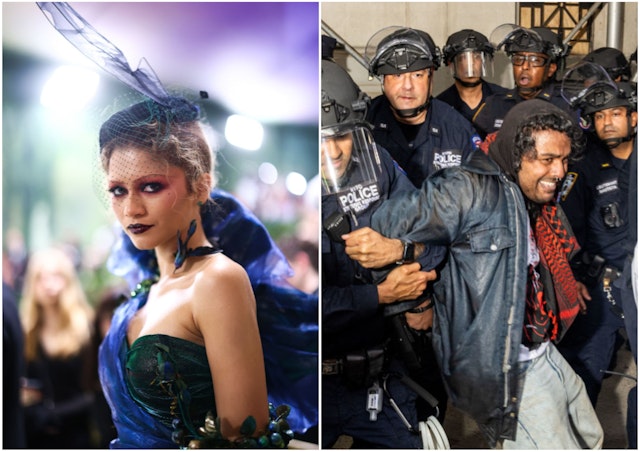 NEW YORK, NEW YORK - MAY 6: Pro-Palestine protestors are arrested during a march on the outskirts of the Met Gala on May 6, 2024 in New York City. A demonstration at Hunter College drew around 200 protesters, who joined other area-college marches to the Met Gala being held this evening at the Metropolitan Museum of Art. (Photo by Alex Kent/Getty Images) NEW YORK, NEW YORK - MAY 06: Zendaya attends The 2024 Met Gala Celebrating "Sleeping Beauties: Reawakening Fashion" at The Metropolitan Museum of Art on May 06, 2024 in New York City. (Photo by Mike Coppola/MG24/Getty Images for The Met Museum/Vogue)