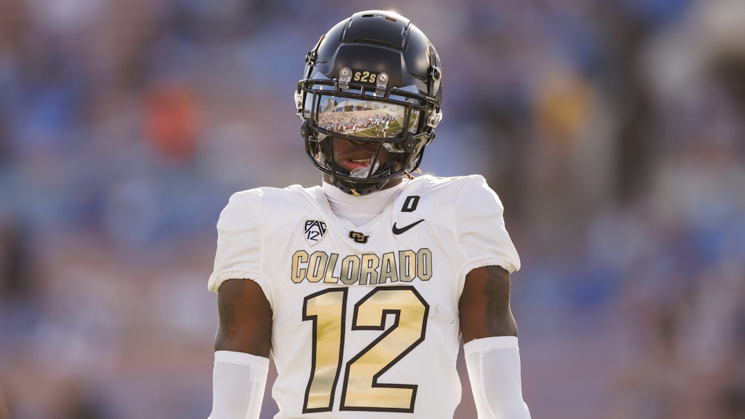 PASADENA, CALIFORNIA - OCTOBER 28: Travis Hunter #12 of the Colorado Buffaloes looks on prior to a game against the UCLA Bruins at Rose Bowl Stadium on October 28, 2023 in Pasadena, California.