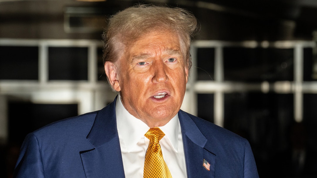 Former US President Donald Trump speaks to members of the media at Manhattan criminal court in New York, US, on Thursday, May 2, 2024. Trump faces 34 felony counts of falsifying business records as part of an alleged scheme to silence claims of extramarital sexual encounters during his 2016 presidential campaign.