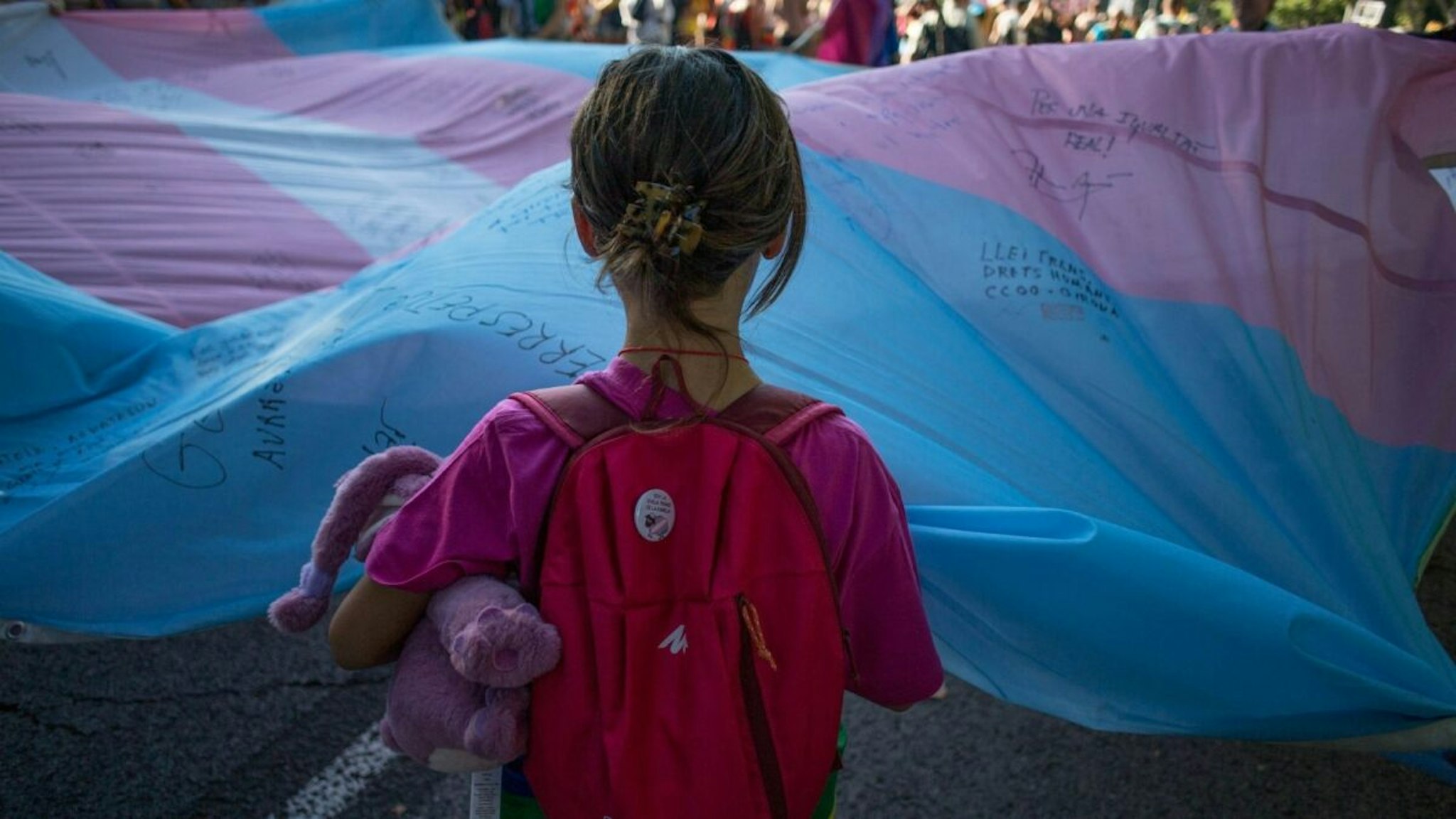 MADRID, SPAIN - 2022/07/09: A girl holds the Transgender Pride flag during the pride march held in one of the most important streets of Madrid.