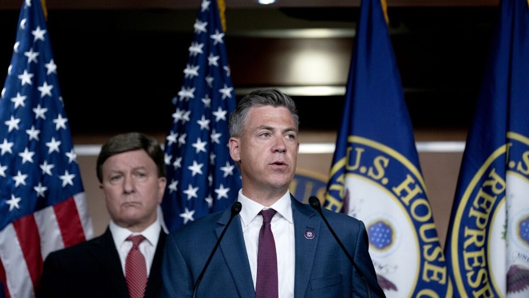 Representative Jim Banks, a Republican from Indiana, right, speaks during a news conference following an all member House briefing on Afghanistan at the U.S. Capitol in Washington, D.C., U.S., on Tuesday, Aug. 24, 2021.