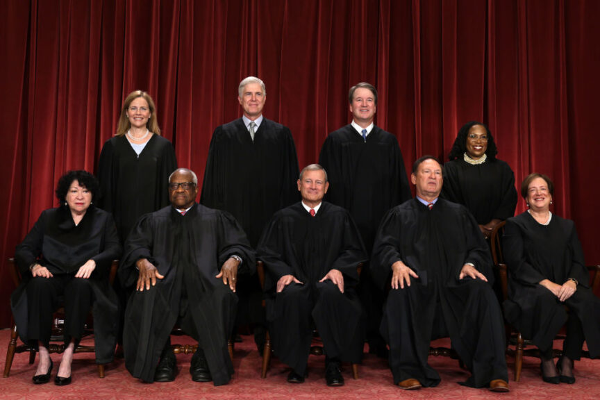 WASHINGTON, DC - OCTOBER 07: United States Supreme Court (front row L-R) Associate Justice Sonia Sotomayor, Associate Justice Clarence Thomas, Chief Justice of the United States John Roberts, Associate Justice Samuel Alito, and Associate Justice Elena Kagan, (back row L-R) Associate Justice Amy Coney Barrett, Associate Justice Neil Gorsuch, Associate Justice Brett Kavanaugh and Associate Justice Ketanji Brown Jackson pose for their official portrait at the East Conference Room of the Supreme Court building on October 7, 2022 in Washington, DC. The Supreme Court has begun a new term after Associate Justice Ketanji Brown Jackson was officially added to the bench in September. (Photo by Alex Wong/Getty Images)