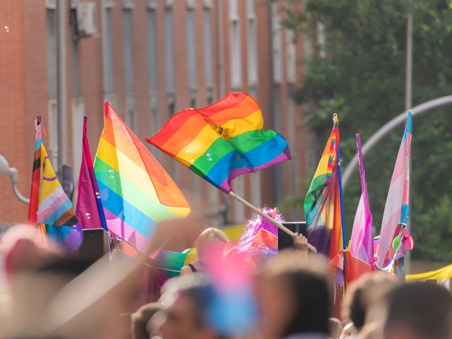 NATALIA DE LA RUBIA. Getty Images. Pride day 2023. People at the pride parade with LGBTIQ flags celebrating the LGBTIQ rights.