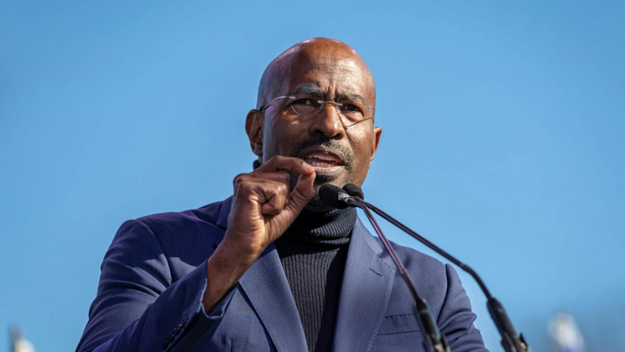 Van Jones CNN political contributor, Van Jones, speaks from the stage during the "March for Israel" held on the National Mall.
