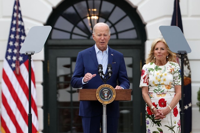 WASHINGTON, DC - JUNE 04: U.S. President Joe Biden and first lady Jill Biden deliver remarks during the congressional picnic on the South Lawn of the White House on June 04, 2024 in Washington, DC. The annual bipartisan picnic brings together Biden Administration officials and members of Congress and their families to celebrate the unofficial start of summer. (Photo by Kevin Dietsch/Getty Images)