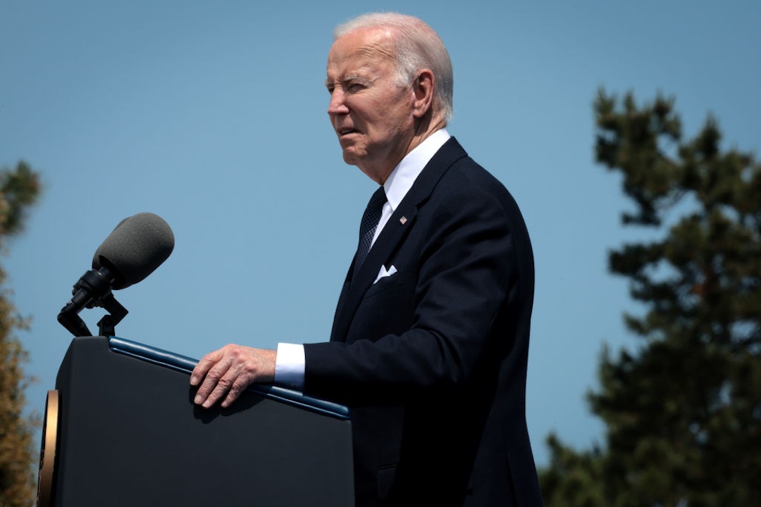 COLLEVILLE-SUR-MER, FRANCE - JUNE 06: U.S. President Joe Biden speaks during a ceremony at the Normandy American Cemetery on the 80th anniversary of D-Day on June 06, 2024 in Colleville-sur-Mer, France. Veterans, families, political leaders and military personnel are gathering in Normandy to commemorate D-Day, which paved the way for the Allied victory over Germany in World War II. (Photo by Win McNamee/Getty Images)