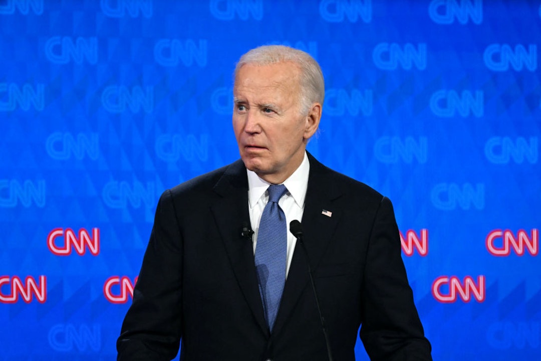 TOPSHOT - US President Joe Biden looks on as he participates in the first presidential debate of the 2024 elections with former US President and Republican presidential candidate Donald Trump at CNN's studios in Atlanta, Georgia, on June 27, 2024. (Photo by ANDREW CABALLERO-REYNOLDS / AFP)