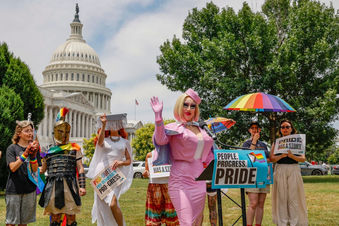 WASHINGTON, DC - JUNE 25: Drag performer Brigitte Bandit speaks during a press conference advocating for LGBTQ+ rights on Capitol Hill on June 25, 2024 in Washington, DC. (Photo by Jemal Countess/Getty Images for MoveOn)