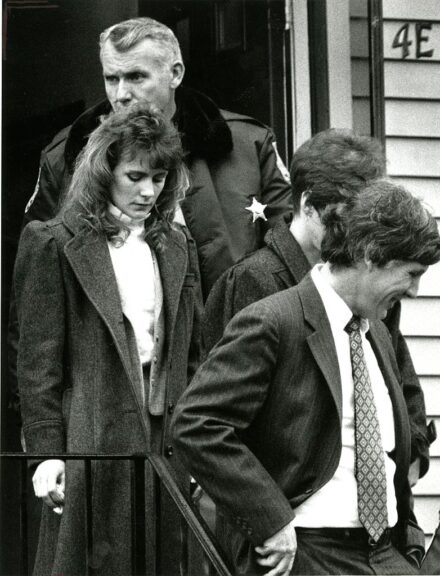 DERRY, NH - MARCH 4: Pamela Smart leaves the Derry, NH apartment where her husband was killed. The jury toured the murder scene as the trial continues. (Photo by Tom Landers/The Boston Globe via Getty Images)