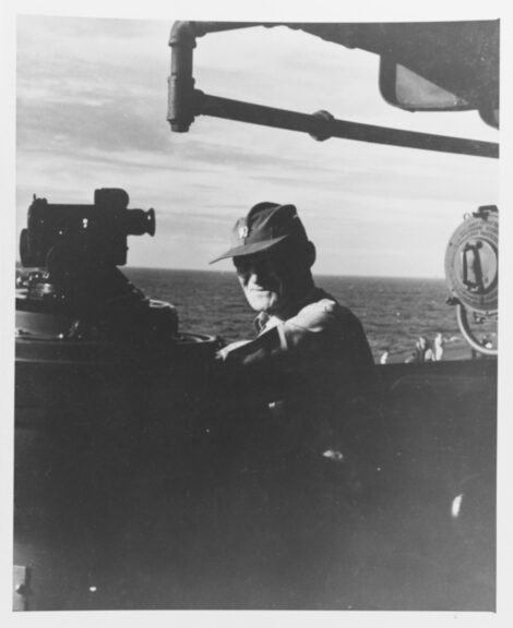 Vice Admiral Marc A. Mitscher. CTF 58.3 aboard USS LEXINGTON (CV-16) during The Battle of The Philippine Sea, 19 June 1944. Catalog #: 80-G-236857. National Archives. Naval History and Heritage Command.