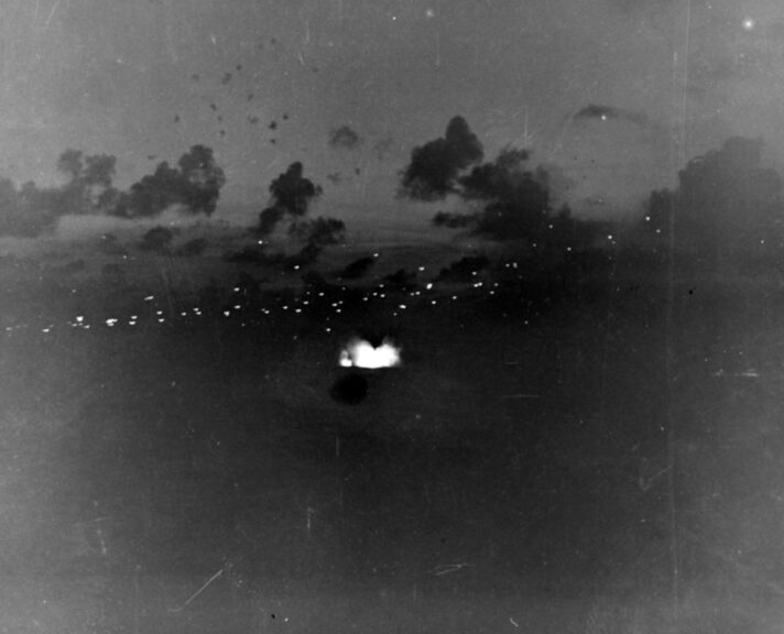 Battle of The Philippine Sea, June 1944. Japanese plane crashes during a night attack on TG 58.3, 19 June 1944. Seen from USS LEXINGTON (CV-16). Catalog #: 80-G-236876. National Archives. Naval History and Heritage Command.