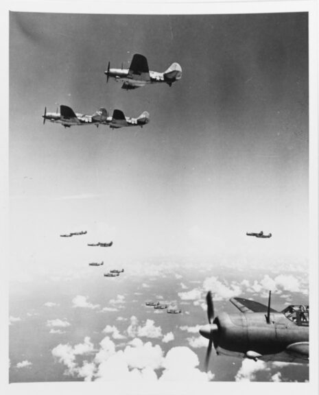 Battle of The Philippine Sea, June 1944. TBFs and SB2Cs enroute to attack the enemy. Photograph released 30 June with other Philippine Sea views. Catalog #: 80-G-238021. National Archives. Naval History and Heritage Command.