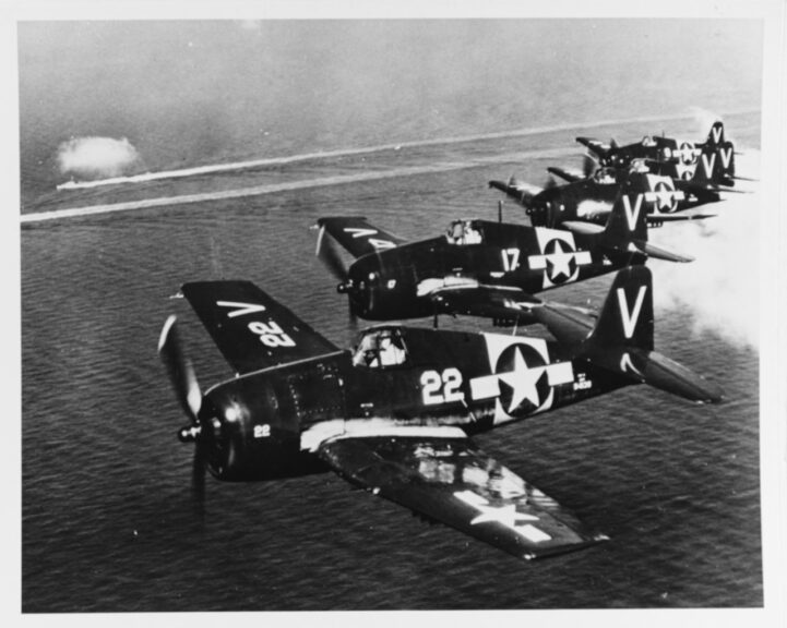 F6F "Hellcat" fighters In formation, during the later 1940s. Plane in foreground is BuNo 94139, an F6F-5. Catalog #: 80-G-428464. National Archives. Naval History and Heritage Command.