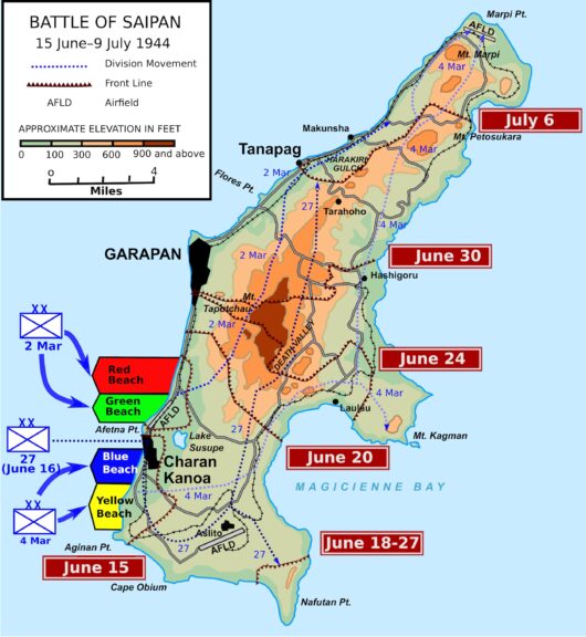 English: Map of the Battle of Saipan, June 15-July 9, 1944. . Geological features based on Battle of Saipan Map.jpg. Front lines, division movements and additional roads derived from maps in Hoffman, Carl W. (1950) Saipan: The Beginning of the End, Historical Branch, United States Marine Corps OCLC: 564000243. USMA Military Atlas served as inspiration for some of the design elements.