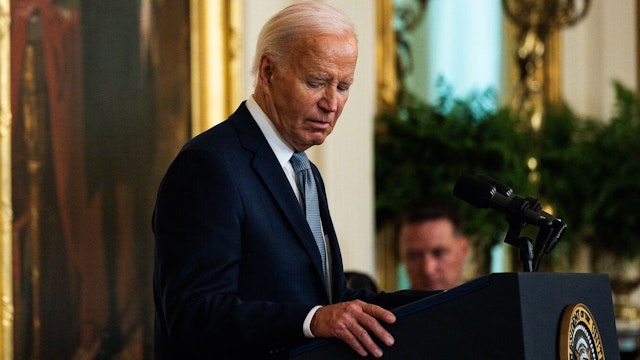US President Joe Biden during a medal of honor ceremony in the East Room of the White House in Washington, DC, US, on Wednesday, July 3, 2024. Republican Donald Trump's lead over President Joe Biden has grown to six points, according to two prominent national polls, intensifying pressure on the beleaguered Democratic incumbent to drop out.