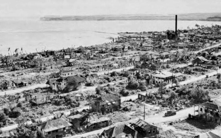 Charan Kanoa, Saipan after the battle of Saipan in June-July 1944. Image shows the effects of bombardment on town. Taken from Crowl's (1993, originally 1960) Campaign to the Marianas published by the Center for Military History, U. S. Army. Originally in Department of Defense files