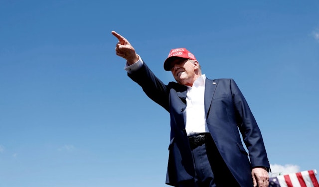 Republican presidential candidate, former U.S. President Donald Trump arrives to a rally at Greenbrier Farms on June 28, 2024 in Chesapeake, Virginia. (Photo by Anna Moneymaker/Getty Images)