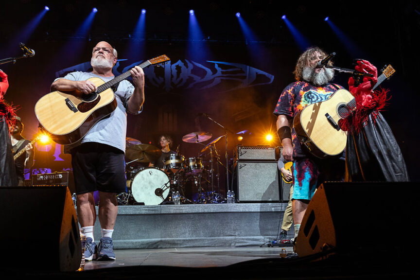 CHARLOTTE, NORTH CAROLINA - SEPTEMBER 06: Kyle Gass (L) and Jack Black of Tenacious D perform at PNC Music Pavilion on September 06, 2023 in Charlotte, North Carolina. (Photo by Jeff Hahne/Getty Images)