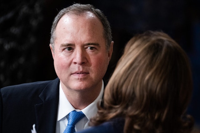 Rep. Adam Schiff, D-Calif., talks with Vice President Kamala Harris after Japanese Prime Minister Fumio Kishida addressed a joint meeting of Congress, in the House chamber of U.S. Capitol on Thursday, April 11, 2022.