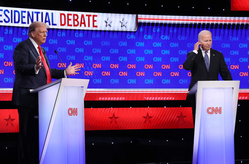 ATLANTA, GEORGIA - JUNE 27: U.S. President Joe Biden (R) and Republican presidential candidate, former U.S. President Donald Trump participate in the CNN Presidential Debate at the CNN Studios on June 27, 2024 in Atlanta, Georgia. President Biden and former President Trump are facing off in the first presidential debate of the 2024 campaign.