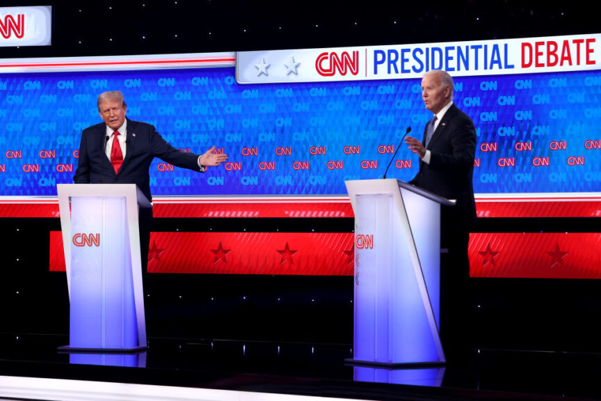 ATLANTA, GEORGIA - JUNE 27: U.S. President Joe Biden (R) and Republican presidential candidate, former U.S. President Donald Trump participate in the CNN Presidential Debate at the CNN Studios on June 27, 2024 in Atlanta, Georgia. President Biden and former President Trump are facing off in the first presidential debate of the 2024 campaign.