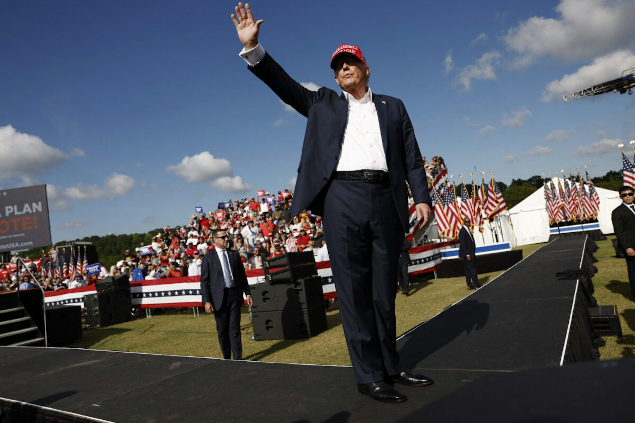 CHESAPEAKE, VIRGINIA - JUNE 28: Republican presidential candidate, former U.S. President Donald Trump walks offstafe after giving remarks at a rally at Greenbrier Farms on June 28, 2024 in Chesapeake, Virginia. Last night Trump and U.S. President Joe Biden took part in the first presidential debate of the 2024 campaign.