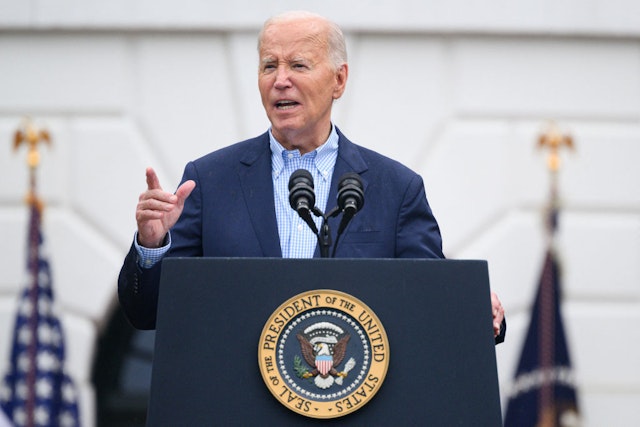 US President Joe Biden speaks during a barbeque for active-duty military families in honor of the Fourth of July on the South Lawn of the White House in Washington, DC, July 4, 2024. (Photo by Mandel NGAN / AFP) (Photo by MANDEL NGAN/AFP via Getty Images)