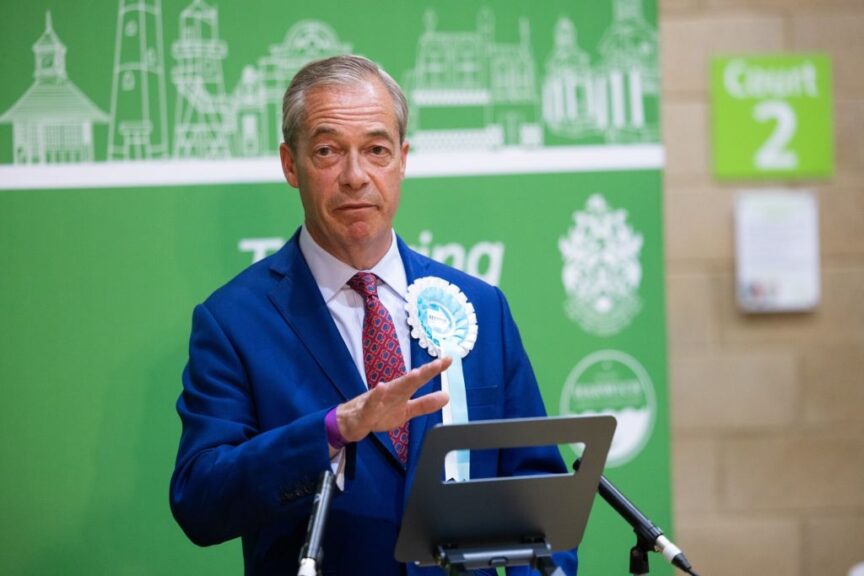 Nigel Farage, leader of Reform UK, speaks after the results of the election count for the Clacton constituency are announced in Clacton-on-Sea, UK, on Friday, July 5, 2024. Brexit-campaigner Farage won a seat in Parliament for the first time, giving him a powerful platform to carry out efforts to take over the Conservative Party after the UK general election. Photographer: Chris Ratcliffe/Bloomberg via Getty Images