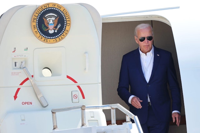 U.S. President Joe Biden prepares to disembark Air Force One as he arrives at Harrisburg International Airport on July 07, 2024 in Harrisburg, Pennsylvania.