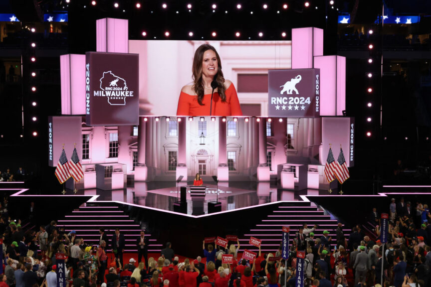 Sarah Huckabee Sanders, governor of Arkansas, speaks during the Republican National Convention (RNC) at the Fiserv Forum in Milwaukee, Wisconsin, US, on Tuesday, July 16, 2024. Former President Donald Trump tapped JD Vance as his running mate, elevating to the Republican presidential ticket a venture capitalist-turned-senator whose embrace of populist politics garnered national attention and made him a rising star in the party. Photographer: Hannah Beier/Bloomberg via Getty Images