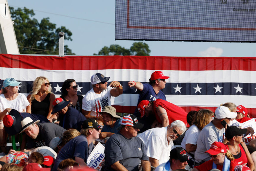 BUTLER, PENNSYLVANIA - JULY 13: The crowd reacts after shots were fired at republican presidential candidate former President Donald Trump's rally on July 13, 2024 in Butler, Pennsylvania. 