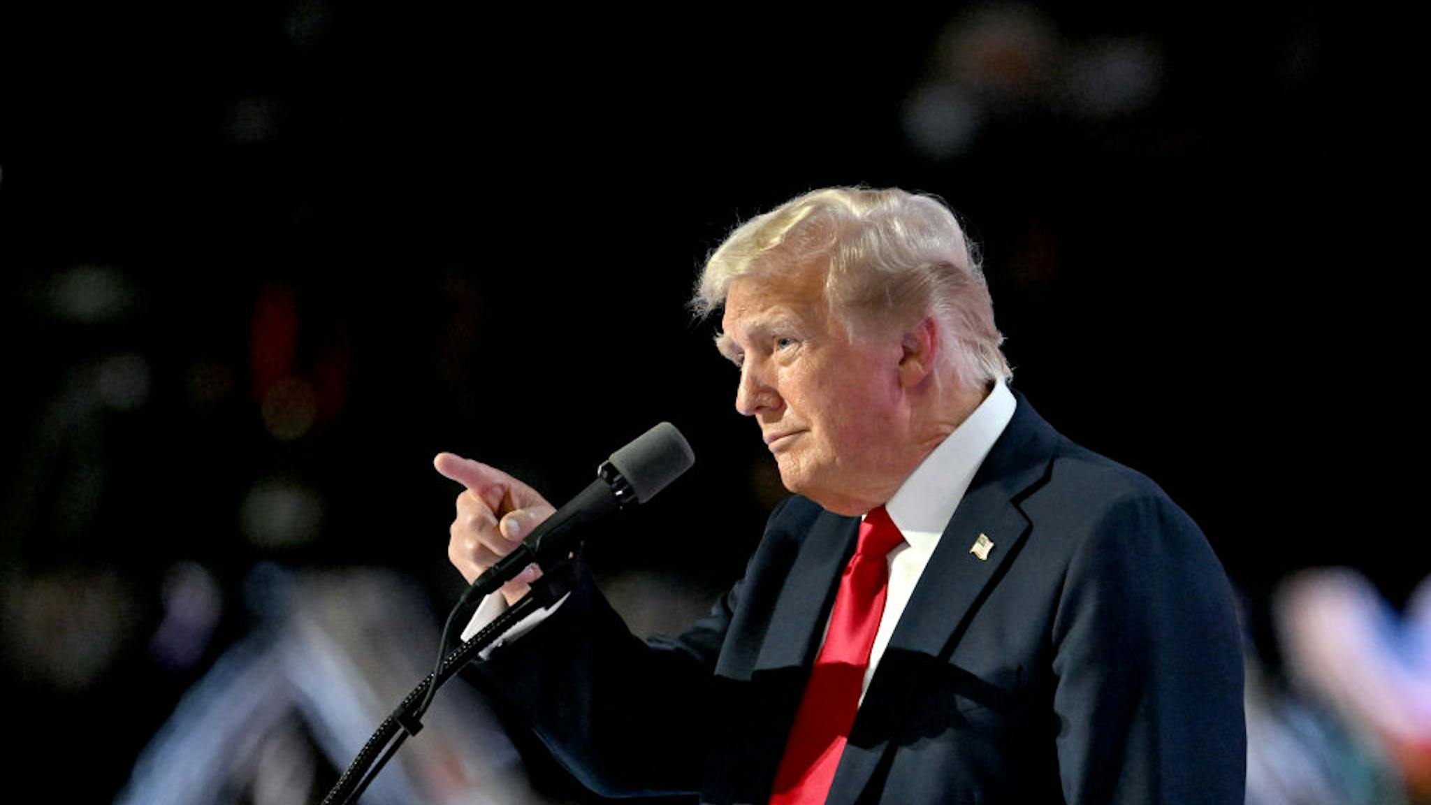 The 2024 Republican National Convention Former US President Donald Trump arrives to speak during the Republican National Convention (RNC) at the Fiserv Forum in Milwaukee, Wisconsin, US, on Thursday, July 18, 2024. The RNC chairman warned against complacency when his party concludes its official nominating jamboree this week with polls predicting ex-President Donald Trump prevailing over President Joe Biden in the November election. Photographer: David Paul Morris/Bloomberg via Getty Images