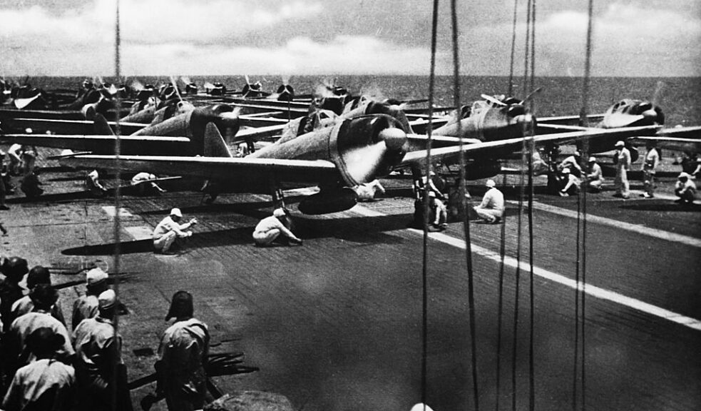 Japanese Zeros on the flight deck of the HJMS Shokaku Japanese aircraft carrier just before the Battle of Santa Cruz. (Photo by © CORBIS/Corbis via Getty Images)