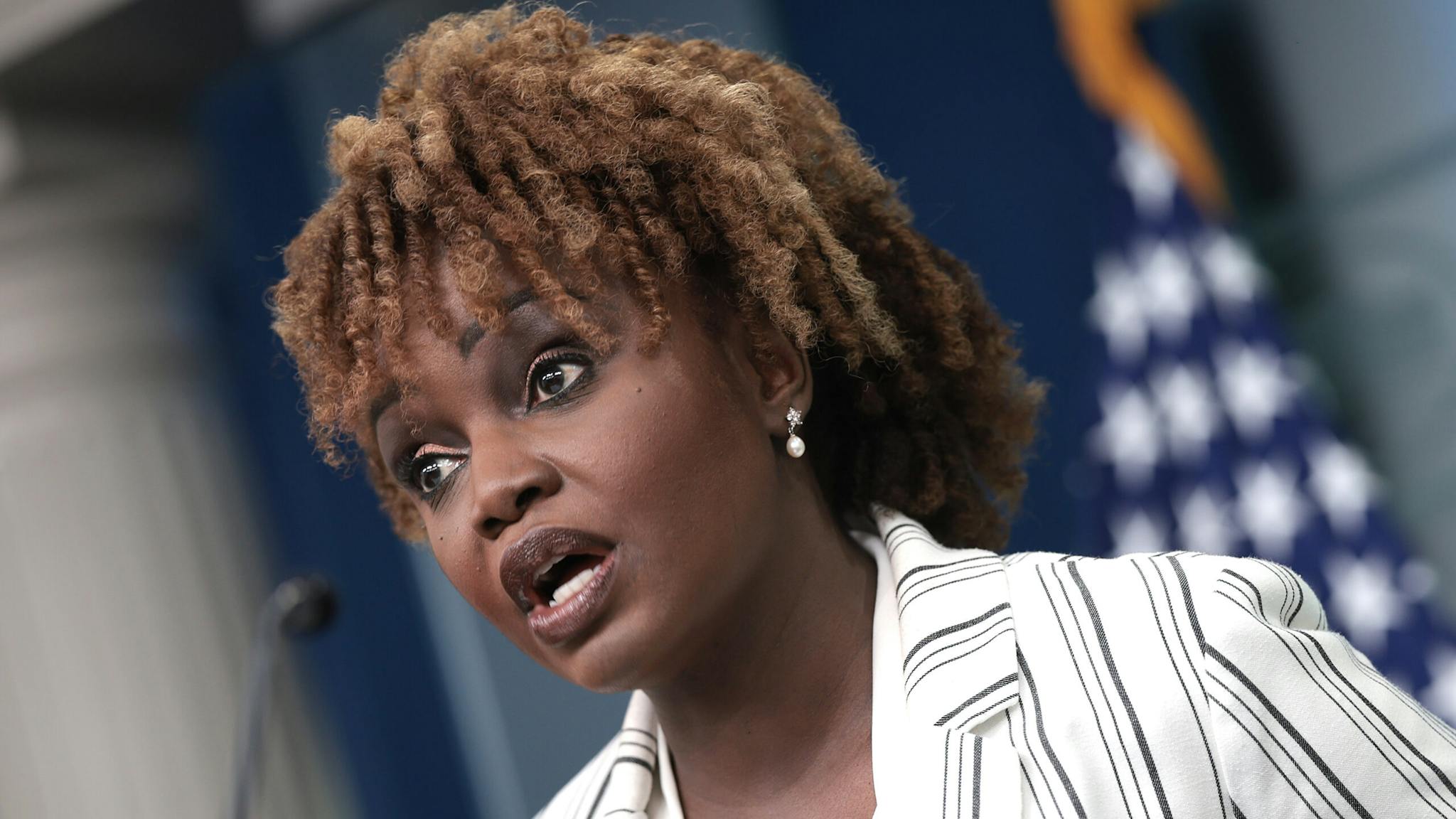 Media Briefing Held At The White House By Press Secretary Karine Jean-Pierre WASHINGTON, DC - APRIL 29: White House press secretary Karine Jean-Pierre speaks during the daily briefing at the White House on April 29, 2024 in Washington, DC. Jean-Pierre answered a range of questions related primarily to the Middle East during the briefing.