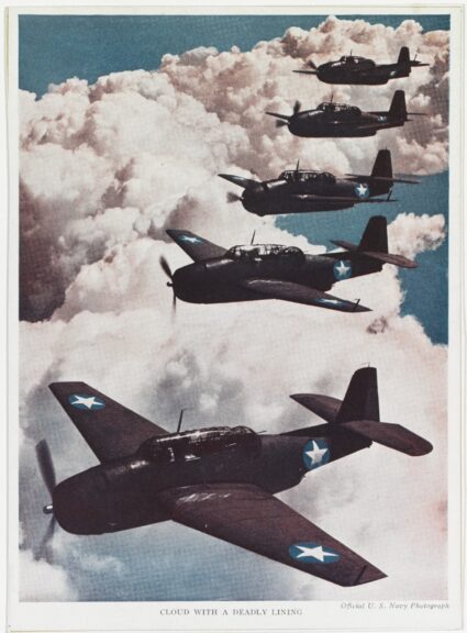 Grumman TBM "Avenger" Torpedo Planes fly in formation, circa 1942-1944. Halftoned photo, color-tinted. Copied from "U.S. Naval Institute Proceedings," July 1945. Catalog #: NH 43430-KN. Naval History and Heritage Command