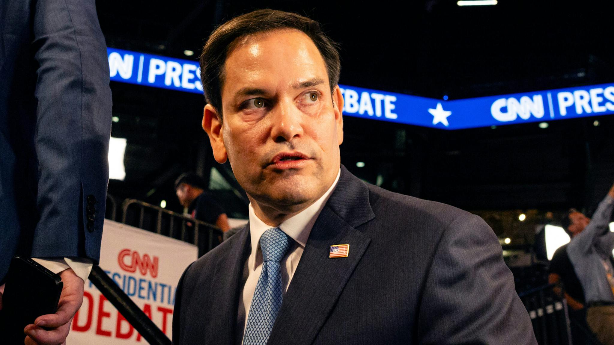 CNN Hosts First Presidential Debate Senator Marco Rubio, a Republican from Florida, center, speaks to members of the media at the McCamish Pavilion on the Georgia Institute of Technology campus following the first presidential debate in Atlanta, Georgia, US, on Thursday, June 27, 2024. President Joe Biden stumbled through exchanges in Thursday's presidential debate, a performance that risks exacerbating concerns about his age and intensifying Democratic worries about their candidates ability to defeat Republican Donald Trump in Novembers election.