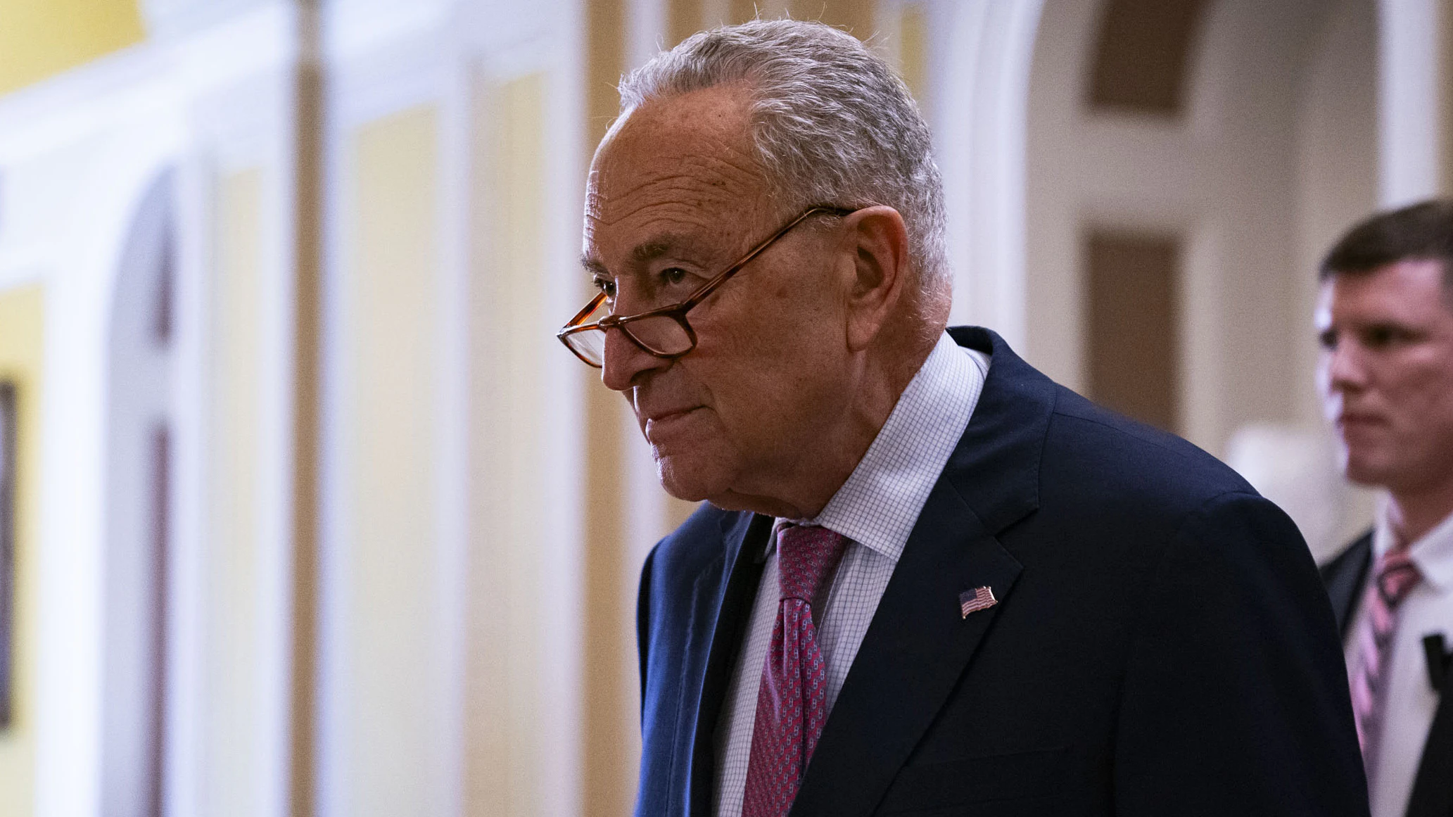 WASHINGTON,DC - JULY 9: Senate Majority Leader Chuck Schumer (D-N.Y.) walks to the weekly press conference following the Democratic policy luncheon in Washington, DC, on July 9, 2024.