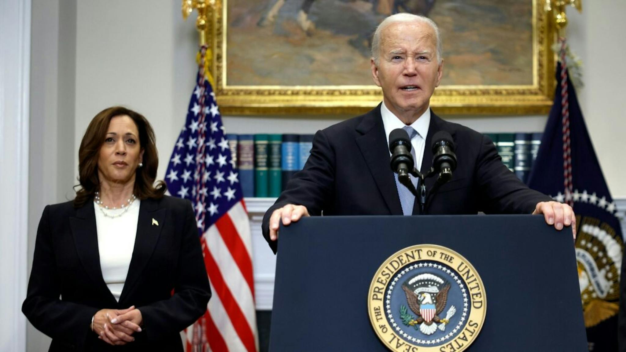 Biden and Harris WASHINGTON, DC - JULY 14: U.S. President Joe Biden delivers remarks on the assassination attempt on Republican presidential candidate former President Donald Trump at the White House on July 14, 2024 in Washington, DC.