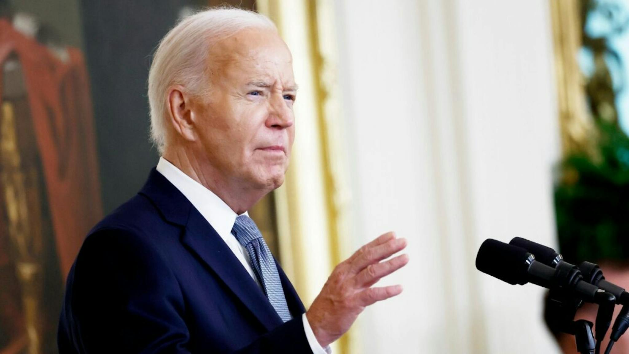 Biden WASHINGTON, DC - JULY 03: U.S. President Joe Biden speaks during a Medal of Honor ceremony in the East Room of the White House on July 03, 2024 in Washington, DC.