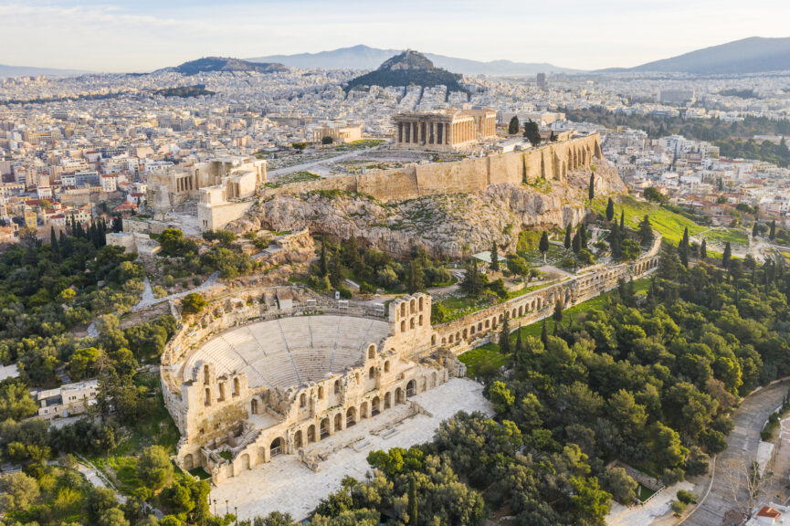 This is a drone photo of the Odeon of Herodes Atticus and the Acropolis of Athens, Greece. The theater was renovated in the 1950's and it is used for theatrical plays and concerts in the summer. George Pachantouris. Getty Images.