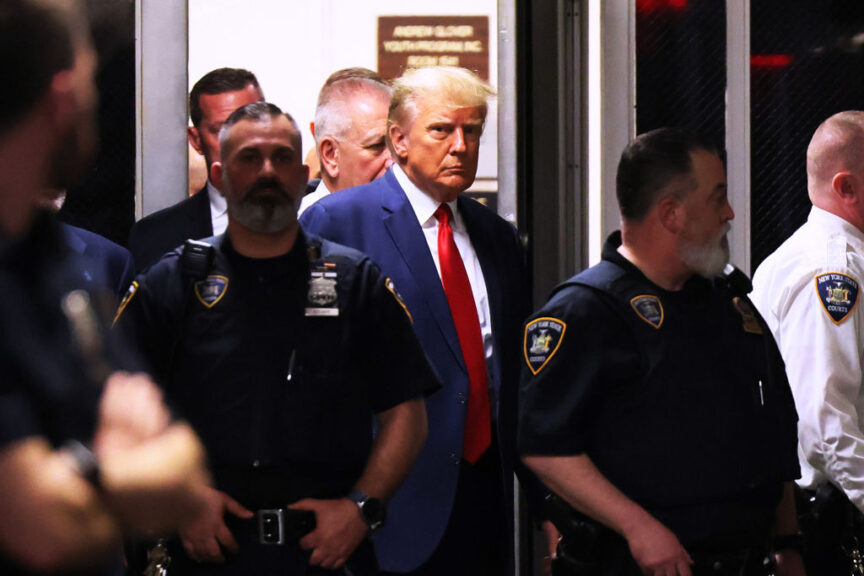 NEW YORK, NEW YORK - APRIL 04: (EDITOR'S NOTE: Alternate crop) Former U.S. President Donald Trump arrives for his arraignment at Manhattan Criminal Court on April 04, 2023 in New York City. With the indictment, Trump becomes the first former U.S. president in history to be charged with a criminal offense.