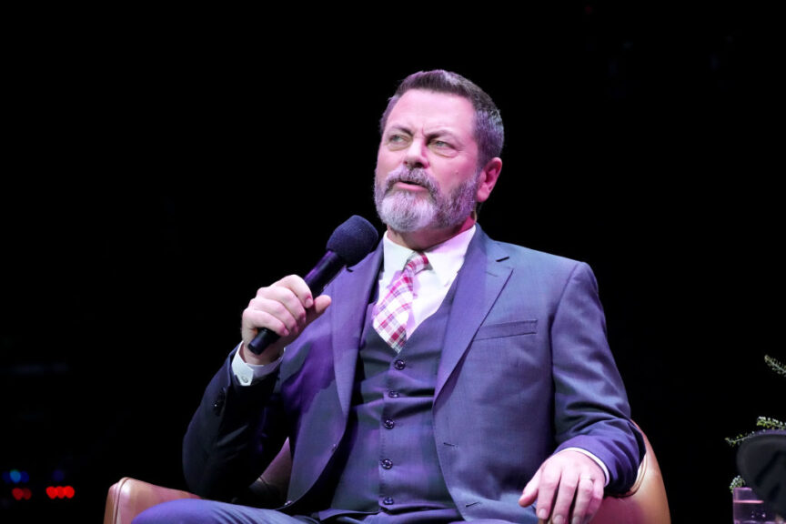 LOS ANGELES, CALIFORNIA - APRIL 16: Nick Offerman speaks onstage during the Photo Call For Los Angeles premiere of 