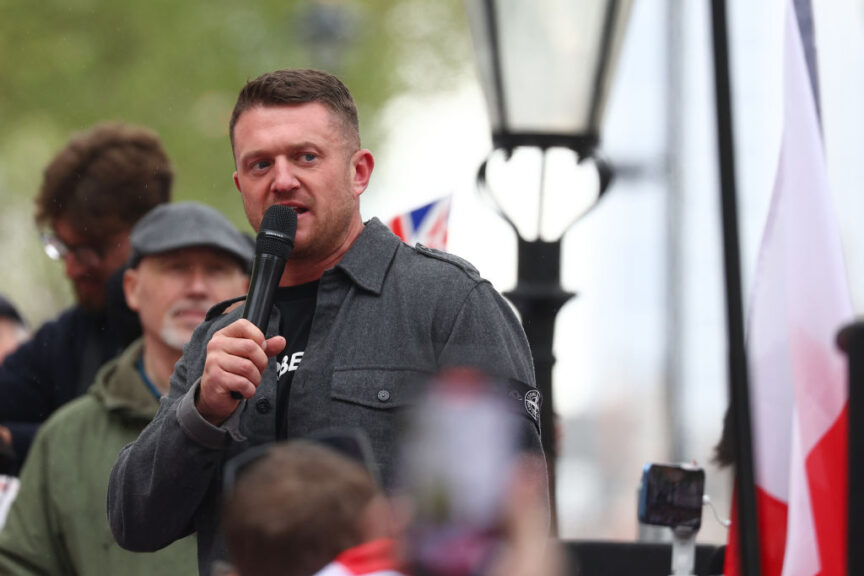 LONDON, ENGLAND - APRIL 23: Far right activist Tommy Robinson speaks at a demonstration at Richmond Terrace, Whitehall on April 23, 2024 in London, England. Police have clashed with people who broke through a cordon ahead of a St George's Day event due to take place in Richmond Terrace in Whitehall. Warnings had been given earlier in the day that members of far-right groups would be attending the event near the Cenotaph. (Photo by Peter Nicholls/Getty Images)