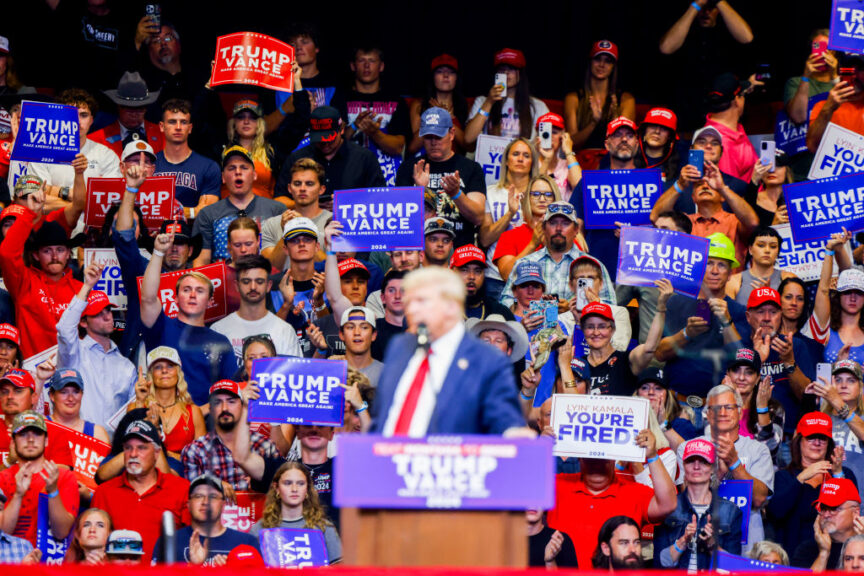 BOZEMAN, MONTANA - AUGUST 09: People listen as Republican presidential nominee, former U.S. President Donald Trump speaks at a rally at the Brick Breeden Fieldhouse at Montana State University on August 9, 2024 in Bozeman, Montana. (Photo by Michael Ciaglo/Getty Images)